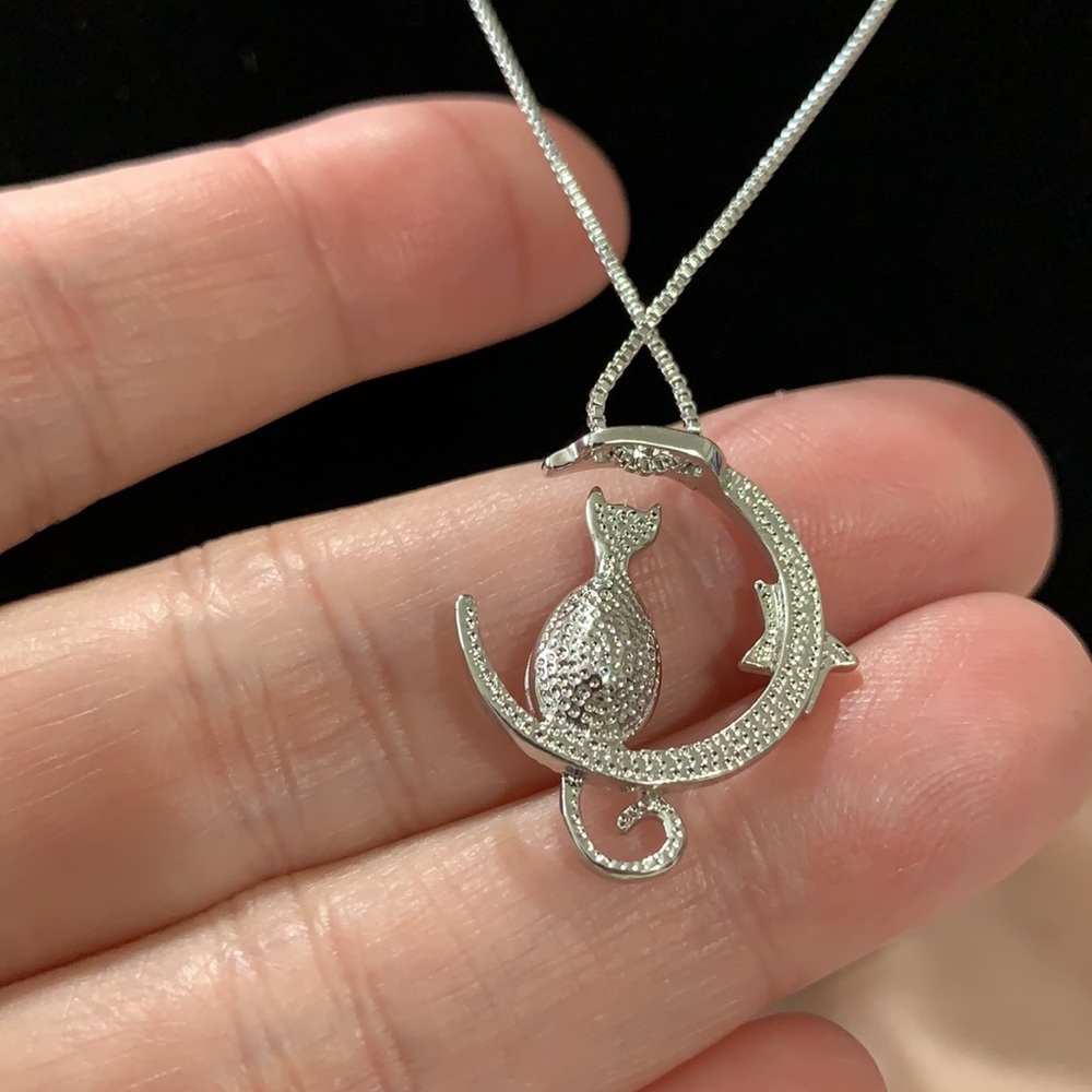 Cat on a Crescent Moon Pendant Necklace - Picture 7 of 11